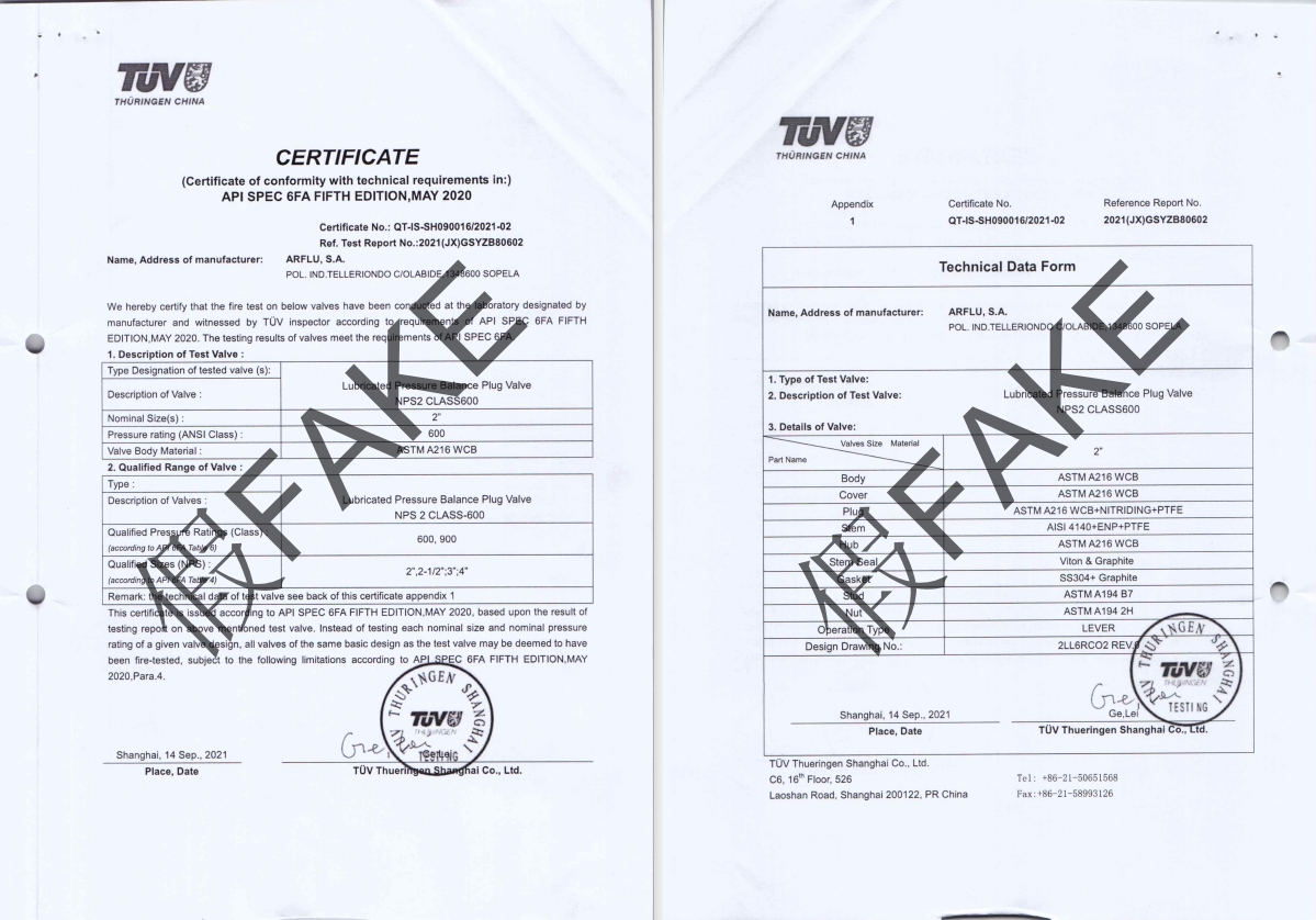 Fake Fire Safe Test Certificates of ARFLU